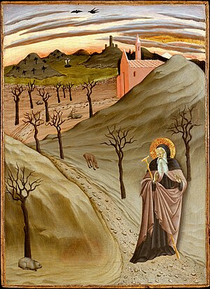 Saint Anthony Abbot Tempted by a Heap of Gold, c. 1435 Metropolitan Museum of Art 'Saint Anthony Abbot Tempted by a Heap of Gold, ,Tempera on panel painting by the Master of the Osservanza Triptych, ca. 1435, Metropolitan Museum of Art.jpg