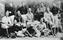 The Cincinnati Red Stockings (here pictured in 1882) popularized the adoption of sock color as the explicit identity of the club 1882 Cincinnati Red Stockings.png
