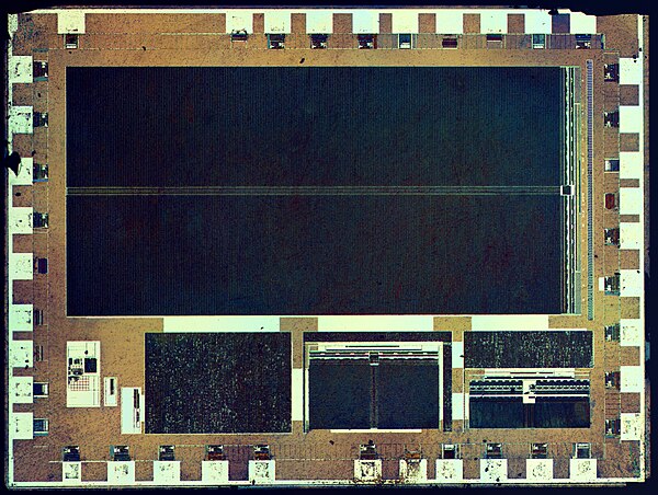 Radiation hardened die of the 1886VE10 microcontroller after a metalization etching process has been used