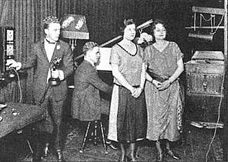 Original WJZ Newark studio. The microphone is the horizontal cylinder located at the upper right. 1922 WJZ Newark radio studio.JPEG