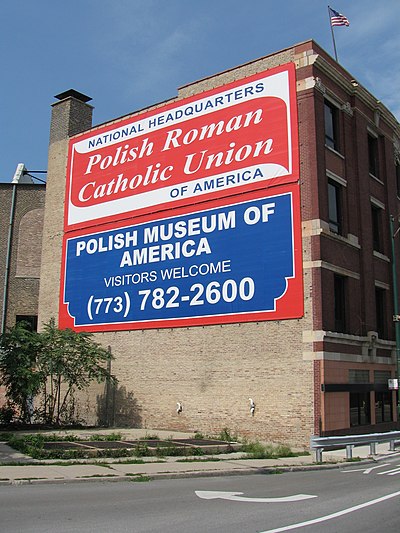 Polish Museum of America and Polish Roman Catholic Union signs that are visible to westbound travelers on the Kennedy Expressway