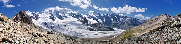 Панорама горного массива Бернина и ледника Мортерач из Дьяволеццы, Граубюнден