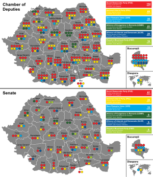 Results of the election by electoral district. Top: results for the Chamber of Deputies; bottom: results for the Senate 2016 Romanian legislative election - Results.svg