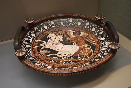 The goddess Nike riding on a two-horse chariot, Apulian patera (tray), 4th century BC.