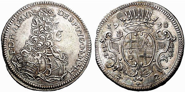 Two Scudi silver coin of Ramon Despuig, 1738
