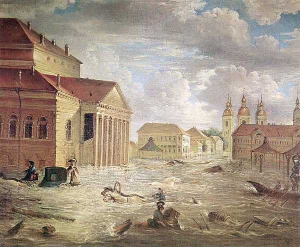 Bolshoi Kamenny Theatre during the flood of 1824. Handling flood damage and managing theatre were two best known sides of Miloradovich's administratio