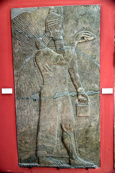 File:A human-headed and winged apkallu holding a pine cone and bucket for religious rituals. From the North-West of Ashurnasipal II at Nimrud, Iraq, 883-859 BCE. Alabaster-bas relief. Museum of the Ancient Orient, Istanbul, Turkey.jpg