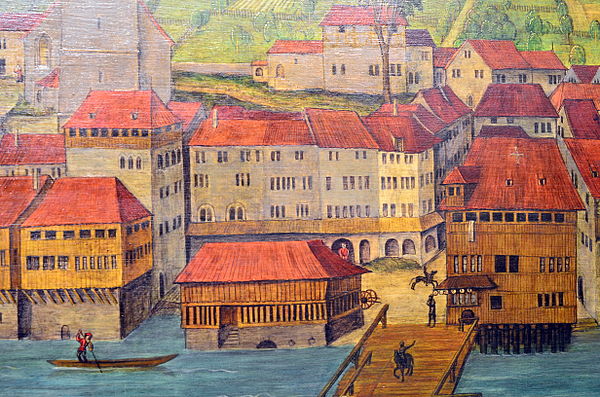 Weinplatz at the wooden medieval bridge between Schipfe and Weinplatz, and the present Limmatquai, Altarbilder by Hans Leu d.Ä., c. 1498