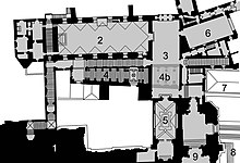 Map of the Apostolic Palace: 1-St.Peter's basilica 2-Sistine Chapel 3-Sala Regia 4,4b-Scala Regia 5-Pauline Chapel 6-Sala Ducale 7-Corridor of Bernini 8-St.Peter's Square 9-St.Peter's vestibule. Apostolischer Palast - Sixtinische Kapelle - Grundriss.jpg