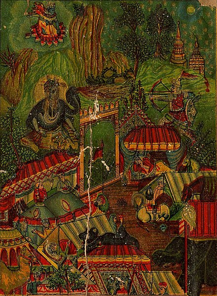 Ashwatthama propitiates Shiva (top) before making a night attack on the sleeping Pandava camp (bottom).