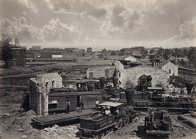 Roundhouse in Atlanta, Georgia, 1866. Interior layout exposed by extensive American Civil War damage.