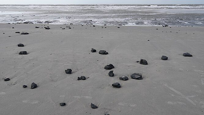 North sea beach at Sankt Peter Ording with black lumps washed ashore