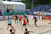 Deutsch: Beachhandball Europameisterschaften 2019 (Beach handball Euro); Tag 2: 3. Juli 2019 – Männer, Vorrunde Gruppe A, Spanien-Norwegen 1:2 (22:26, 28:22, 8:10) English: Beach handball Euro; Day 2: 3 July 2019 – Men Preliminary Round Group A - Spain-Norway 1:2 (22:26, 28:22, 8:10)