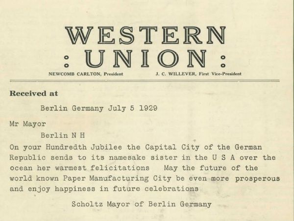 A letter from Mayor Arthur Scholtz of Berlin, Germany, honoring the "Paper City" on its 100th anniversary on July 5, 1929