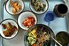 Example of a Korean meal: ''bibimbap'' with (from left) pickles, ''eomuk jorim'' sauteed fishcake, ''kimchi'', ''pajeon'' pancake, a pot of ''gochujang'' and ''doenjang'' soup