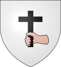 Coat of arms of Lavoute-Chilhac, France: D'argent a la main de carnation tenant une croix de sable. (Argent, a hand carnation holding a cross sable) Blason ville fr Lavoute Chilhac 43.svg