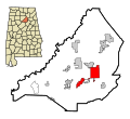 This map shows the incorporated and unincorporated areas in Blount County, Alabama, highlighting Oneonta in red. It was created with a custom script with US Census Bureau data and modified with Inkscape.