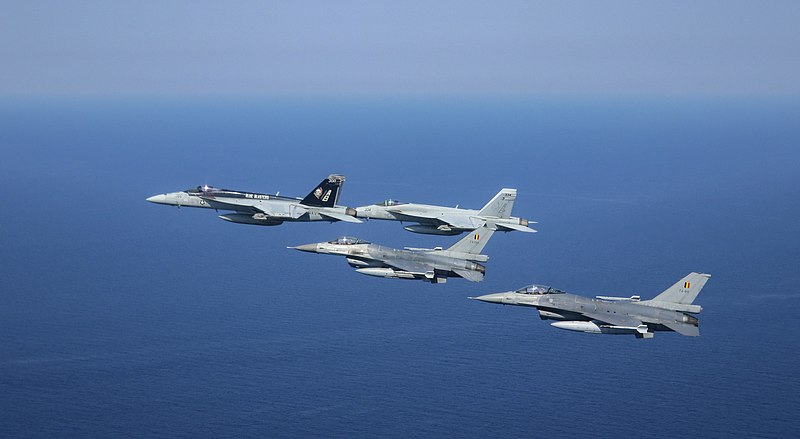 File:Boeing FA-18E Super Hornets of VFA-34 and Belgian General Dynamics F-16AM Fighting Falcons fly over the Mediterranean Sea, 25 July 2022 (220725-N-NO874-1033).JPG