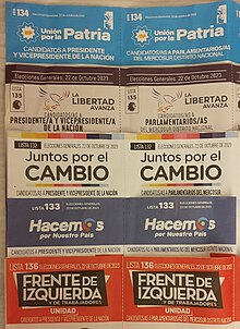 Ballots used for the 22 October general election. Boletas electorales para las elecciones presidenciales de Argentina de 2023.jpg