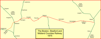 The former Boston, Sleaford and Midland Counties Railway in 1875 Boston Sleaford 1875.png