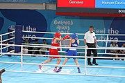 Deutsch: Boxen bei den Olympischen Jugendspielen 2018 Tag 12, 18. Oktober 2018 - Kampf um die Bronzemedaille im Fliegengewicht Mädchen – Heaven Destiny Garcia (USA, blau) schlägt Goryanana Stoeva (Bulgarien, rot) 5-0; Ringrichter ist Ishanguly Meretnyyazov (Turkmenistan). English: Boxing at the 2018 Summer Youth Olympics on 18 October 2018 – Girl's flyweight Bronze Medal Bout - Heaven Destiny Garcia (USA, blue) beats Goryanana Stoeva (Bulgaria, red) 5-0; Referee is Ishanguly Meretnyyazov (Turkmenistan). Español: Boxeo en los Juegos Olímpicos Juveniles de Verano de 2018 en 18 de octubre de 2018 - Combate a medalla de bronce de peso mosca para mujeres: Heaven Destiny Garcia (Estados Unidos, azul) le gana a Goryanana Stoeva (Bulgaria, roja) 5-0; El árbitro es Ishanguly Meretnyyazov (Turkmenistán).