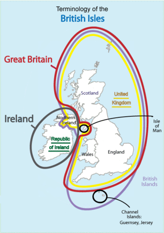 A political map of Ireland, the United Kingdom and the Crown Dependencies - The Irish state's official name is "Ireland" but the description "Republic of Ireland" is used for it in the map. The term British Isles to refer to the entire archipelago is an officially disputed term by Ireland as, by definition, not all the isles are "British". British Isles terms.gif