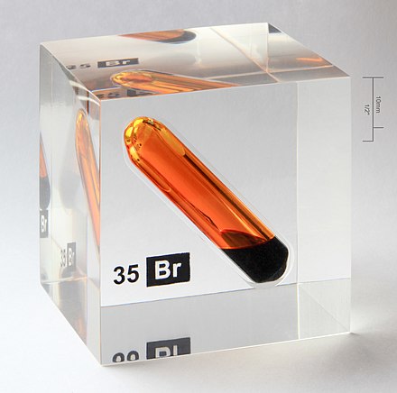 Illustrative and secure bromine chemical sample used for teaching. The glass sample vial of the corrosive and poisonous liquid has been cast into an acrylic plastic cube
