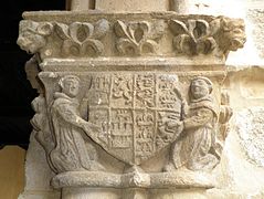 Stemma del re Enrico e di sua moglie Caterina di Lancaster.  I monaci inginocchiati indicano che si trattava di un omaggio alla sua morte.