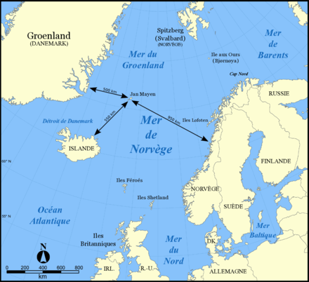 Situation de l'île Jan Mayen dans l'océan Arctique.