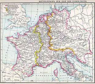 Map of the Carolingian Empire showing the location of the Pannonian March. Central Europe in Carolingian times.jpg