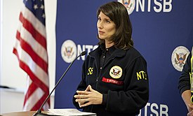 NTSB Chairwoman Deborah Hersman at December 3, 2012 press hearing on the derailment. Chairman Hersman briefs media in Paulsboro (12816560904).jpg