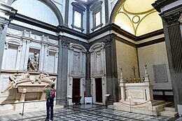 The Sagrestia Nuova; on the left is the tomb of Lorenzo de' Medici, Duke of Urbino; on the right, the altar Chapel of the Princes, early 17th century; San Lorenzo, Florence (2) (48768699497).jpg