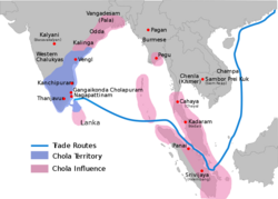 Map showing the greatest extent of the Chola empire c. 1030 under Rajendra I: territories are shown in blue, subordinates and areas of influence are shown in pink.