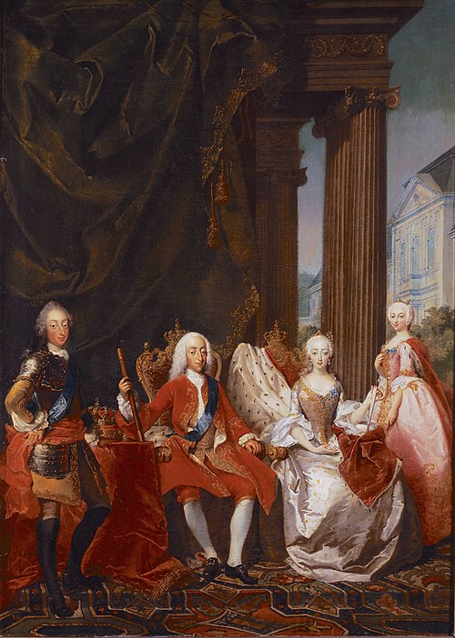 Frederick (first from left) and Louise (last from right), then crown princes of Denmark, with King Christian VI and Queen Sophie Magdalene sitting. Hi