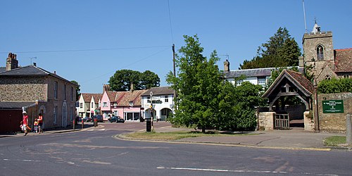 Fulbourn High Street and church of St Vigor and All Saints in July 2013
