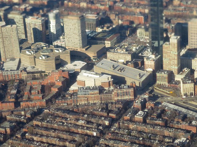 The four Copley Place office towers are the irregular shapes in the upper left of this aerial view