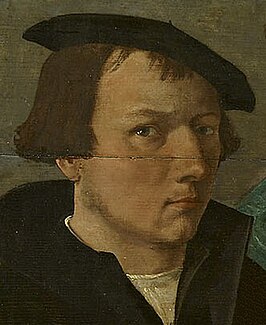 Cornelis Anthonisz. 1533, zelfportret, deel uit het grotere schilderij "De Braspenningsmaaltijd"