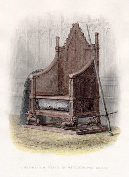 The Stone of Scone in the Coronation Chair at Westminster Abbey, 1855. It was the ceremonial coronation stone of Scotland's Gaelic kings, similar to t