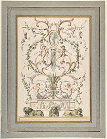 Design of a Louis XVI style arabesque, by Etienne de La Vallee Poussin, c.1780-1793, pen and gray and brown ink, brush and colored wash, Metropolitan Museum of Art Design for an Arabesque MET DP811613.jpg