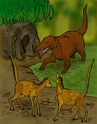 Restoration of two of the Eocene even-toed ungulate Diacodexis being hunted by a primitive whale Diacodexis pakistanensis e.jpg