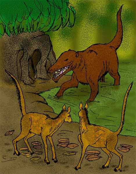 Life restoration of the primitive artiodactyl Diacodexis pakistanensis (foreground) being stalked by Pakicetus