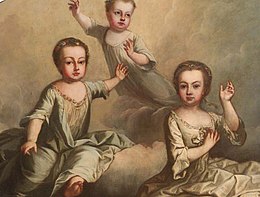 Three floating children (by Martin van Meytens, 1748). Van Meytens was commissioned in 1748 by Empress Maria Theresa to produce a posthumous painting of her three daughters who had died in infancy. From left to right: Maria Carolina (1740-1741), Maria Carolina (1748) and Maria Elisabeth (1737-1740) Drei-schwebende-Kinder.jpg