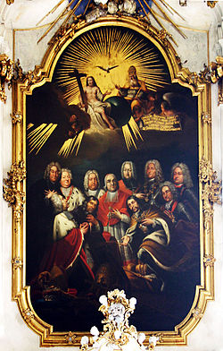 Рудолф Франц Ервайн (вторият горе вдясно) на картина в църквата Гайбах ок. 1745, показани са три поколения от фамилията Шьонборн