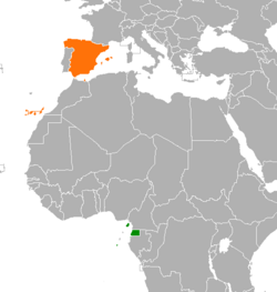 Peta yang menunjukkan lokasi dari Equatorial Guinea dan Spanyol