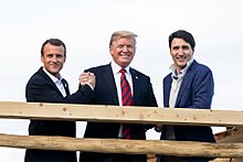 Emmanuel Macron with Donald Trump and Justin Trudeau in La Malbaie, Quebec - 2018.jpg