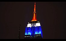 Empire State Building lighted up in the colours of French flag Empire State after Charlie Hebdo shooting.jpg