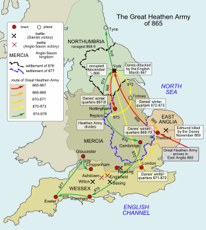 A map of the Viking invasion in East Anglia with the routes of the Great Heathen Army. England Great Army map.svg