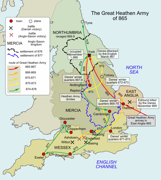 A map of the routes taken by the Great Heathen Army from 865 to 878