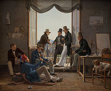 A company of Danish artists in Rome, painted by Constantin Hansen, 1837. Lying on the floor is architect Bindesboll. From left to right: Constantin Hansen, Martinus Rorbye, Wilhelm Marstrand, Albert Kuchler, Ditlev Blunck and Jorgen Sonne. Et selskab af danske kunstnere i Rom.jpg