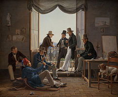 Constantin Hansen: Deense kunstenaars in Rome (1837). V.l.n.r.: Hansen, Thorvald Bindesbøll, Martinus Rørbye, Wilhelm Marstrand, Albert Küchler, Ditlev Blunck en Jørgen Sonne.